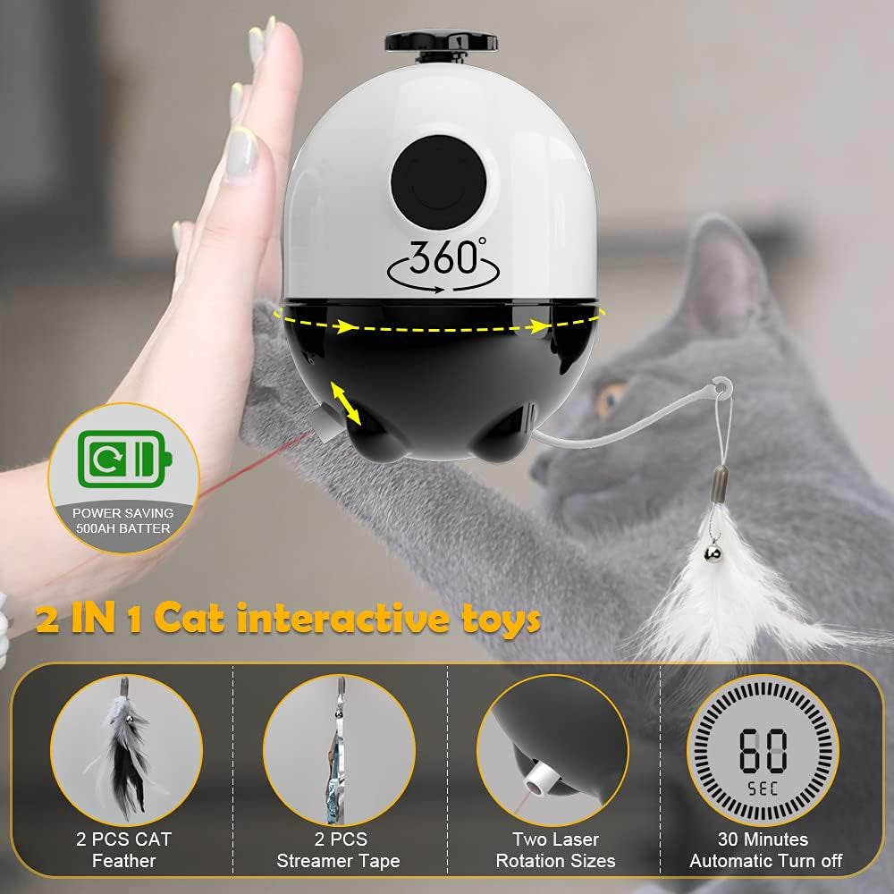 Cat Toys Interactive - 2 in 1 Laser and Cat Feather Toys Kitten Toys, Automatic Cat Toys for Indoor Cats Play Chase Exercise, with 2 Pcs Feather and Streamer Tape Replacements