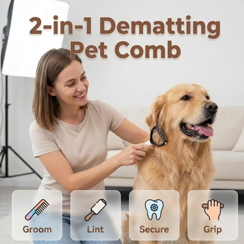 Double Sided Dematting Comb for Cats & Dogs, Undercoat Rake, Safe Deshedding Grooming Tool, Gentle Matt Remover Detangler for Long Thick Haired Pets, Ergonomic Pet Grooming Brush (Black)